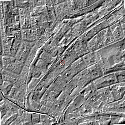 Shaded relief map of the ground around M230HY, computed from Environment Agency LiDAR. The ground here sits at about 29 m above sea level and falls 4 m across the surrounding 800 m. Surface water reaching this point runs off ground lying to the east, 2.7 m higher.