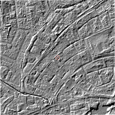 Shaded relief map of the ground around M230HZ, computed from Environment Agency LiDAR. The ground here sits at about 30 m above sea level and falls 5 m across the surrounding 800 m. Surface water reaching this point runs off ground lying to the east, 2.5 m higher.