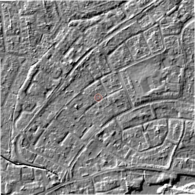 Shaded relief map of the ground around M230JN, computed from Environment Agency LiDAR. The ground here sits at about 30 m above sea level and falls 6 m across the surrounding 800 m. Surface water reaching this point runs off ground lying to the east-south-east, 0.8 m higher.