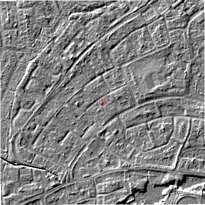 Shaded relief map of the ground around M230JP, computed from Environment Agency LiDAR. The ground here sits at about 30 m above sea level and falls 6 m across the surrounding 800 m. Surface water reaching this point runs off ground lying to the east-south-east, 3.0 m higher.