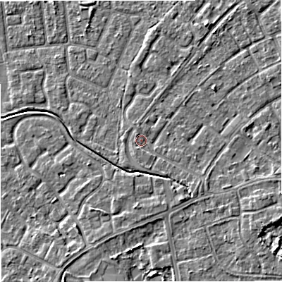 Shaded relief map of the ground around M230QF, computed from Environment Agency LiDAR. The ground here sits at about 30 m above sea level and falls 5 m across the surrounding 800 m. Surface water reaching this point runs off ground lying to the south-east, 1.7 m higher.