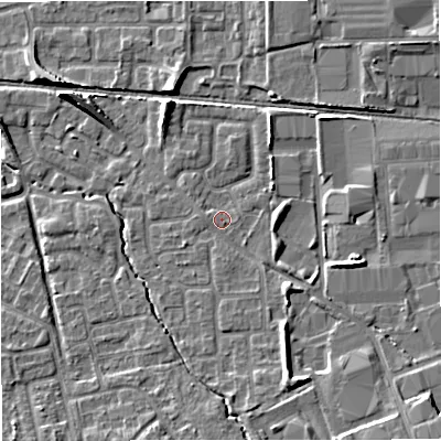 Shaded relief map of the ground around M239EX, computed from Environment Agency LiDAR. The ground here sits at about 32 m above sea level and falls 7 m across the surrounding 800 m. Surface water reaching this point runs off ground lying to the south-south-east, 4.2 m higher.