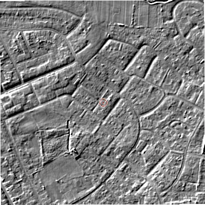 Shaded relief map of the ground around M239FF, computed from Environment Agency LiDAR. The ground here sits at about 28 m above sea level and falls 6 m across the surrounding 800 m. Surface water reaching this point runs off ground lying to the south-east, 5.3 m higher.