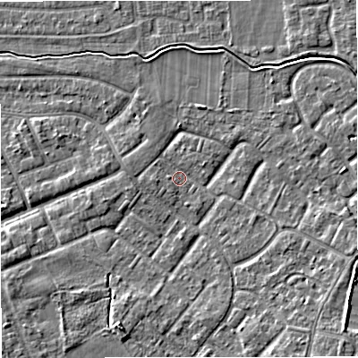 Shaded relief map of the ground around M239FJ, computed from Environment Agency LiDAR. The ground here sits at about 28 m above sea level and falls 5 m across the surrounding 800 m. Surface water reaching this point runs off ground lying to the south-east, 4.3 m higher.