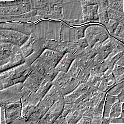 Shaded relief map of the ground around M239FL, computed from Environment Agency LiDAR. The ground here sits at about 28 m above sea level and falls 6 m across the surrounding 800 m. Surface water reaching this point runs off ground lying to the south-east, 5.1 m higher.