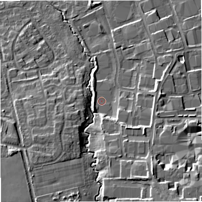 Shaded relief map of the ground around M239FZ, computed from Environment Agency LiDAR. The ground here sits at about 36 m above sea level and falls 18 m across the surrounding 800 m. Surface water reaching this point runs off ground lying to the south, 4.2 m higher.