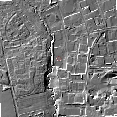 Shaded relief map of the ground around M239GE, computed from Environment Agency LiDAR. The ground here sits at about 36 m above sea level and falls 18 m across the surrounding 800 m. Surface water reaching this point runs off ground lying to the south-south-east, 10.8 m higher.