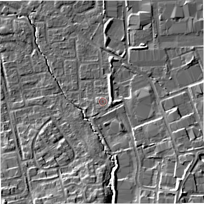 Shaded relief map of the ground around M239GT, computed from Environment Agency LiDAR. The ground here sits at about 34 m above sea level and falls 12 m across the surrounding 800 m. Surface water reaching this point runs off ground lying to the east, 3.2 m higher.