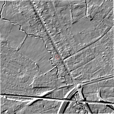 Shaded relief map of the ground around M239HB, computed from Environment Agency LiDAR. The ground here sits at about 29 m above sea level and falls 10 m across the surrounding 800 m. Surface water reaching this point runs off ground lying to the south-south-east, 2.7 m higher.