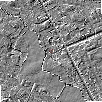 Shaded relief map of the ground around M239HH, computed from Environment Agency LiDAR. The ground here sits at about 27 m above sea level and falls 4 m across the surrounding 800 m. Surface water reaching this point runs off ground lying to the south-east, 2.2 m higher.