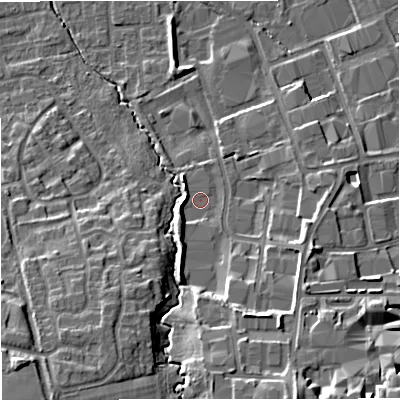 Shaded relief map of the ground around M239LF, computed from Environment Agency LiDAR. The ground here sits at about 35 m above sea level and falls 16 m across the surrounding 800 m. Surface water reaching this point runs off ground lying to the south-south-west, 3.9 m higher.