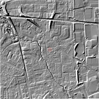 Shaded relief map of the ground around M239ND, computed from Environment Agency LiDAR. The ground here sits at about 32 m above sea level and falls 8 m across the surrounding 800 m. Surface water reaching this point runs off ground lying to the east-north-east, 0.8 m higher.