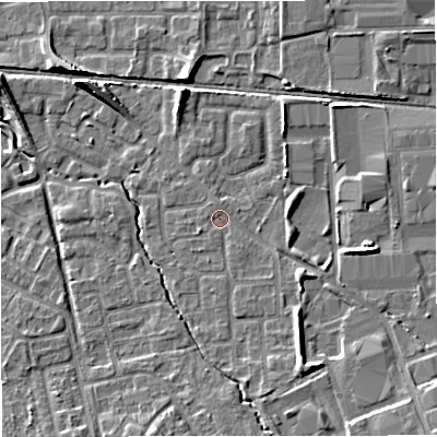 Shaded relief map of the ground around M239NN, computed from Environment Agency LiDAR. The ground here sits at about 32 m above sea level and falls 8 m across the surrounding 800 m. Surface water reaching this point runs off ground lying to the south-south-east, 4.2 m higher.