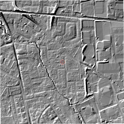 Shaded relief map of the ground around M239NP, computed from Environment Agency LiDAR. The ground here sits at about 32 m above sea level and falls 8 m across the surrounding 800 m. Surface water reaching this point runs off ground lying to the south-east, 4.1 m higher.