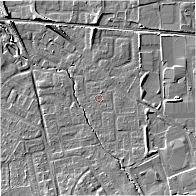 Shaded relief map of the ground around M239NS, computed from Environment Agency LiDAR. The ground here sits at about 32 m above sea level and falls 8 m across the surrounding 800 m. The ground contributing surface water to this point lies to the south-east.
