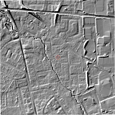 Shaded relief map of the ground around M239NZ, computed from Environment Agency LiDAR. The ground here sits at about 32 m above sea level and falls 8 m across the surrounding 800 m. Surface water reaching this point runs off ground lying to the south, 1.3 m higher.