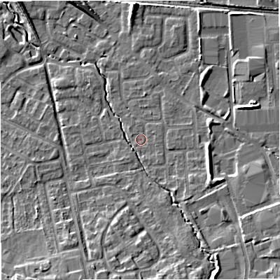 Shaded relief map of the ground around M239PW, computed from Environment Agency LiDAR. The ground here sits at about 32 m above sea level and falls 10 m across the surrounding 800 m. Surface water reaching this point runs off ground lying to the south-south-east, 0.8 m higher.