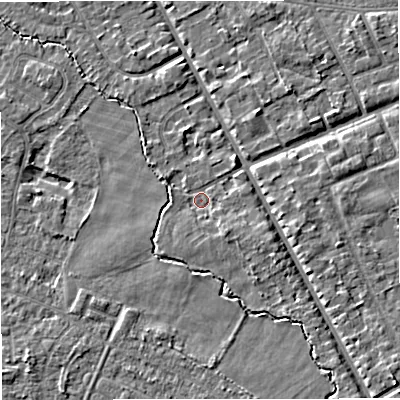 Shaded relief map of the ground around M239PY, computed from Environment Agency LiDAR. The ground here sits at about 27 m above sea level and falls 5 m across the surrounding 800 m. Surface water reaching this point runs off ground lying to the south-east, 2.2 m higher.