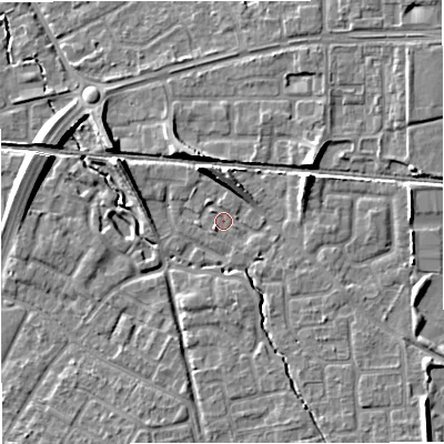 Shaded relief map of the ground around M239QW, computed from Environment Agency LiDAR. The ground here sits at about 31 m above sea level and falls 9 m across the surrounding 800 m. Surface water reaching this point runs off ground lying to the north-north-west, 6.3 m higher.