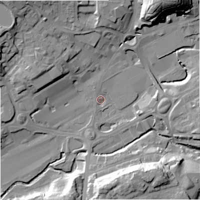 Shaded relief map of the ground around M241AB, computed from Environment Agency LiDAR. The ground here sits at about 78 m above sea level and falls 35 m across the surrounding 800 m. Surface water reaching this point runs off ground lying to the north-east, 31.5 m higher.