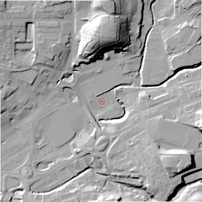 Shaded relief map of the ground around M241AQ, computed from Environment Agency LiDAR. The ground here sits at about 81 m above sea level and falls 35 m across the surrounding 800 m. Surface water reaching this point runs off ground lying to the north, 31.9 m higher.