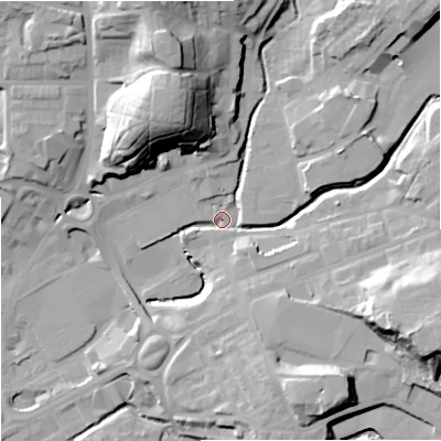 Shaded relief map of the ground around M241AT, computed from Environment Agency LiDAR. The ground here sits at about 81 m above sea level and falls 32 m across the surrounding 800 m. Surface water reaching this point runs off ground lying to the north-north-west, 28.9 m higher.
