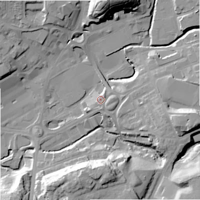 Shaded relief map of the ground around M241AY, computed from Environment Agency LiDAR. The ground here sits at about 84 m above sea level and falls 33 m across the surrounding 800 m. Surface water reaching this point runs off ground lying to the east, 2.4 m higher.
