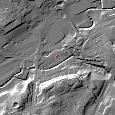 Shaded relief map of the ground around M241AZ, computed from Environment Agency LiDAR. The ground here sits at about 79 m above sea level and falls 29 m across the surrounding 800 m. Surface water reaching this point runs off ground lying to the north-east, 1.4 m higher.