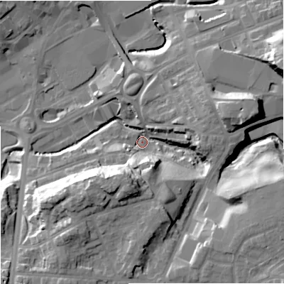 Shaded relief map of the ground around M241BN, computed from Environment Agency LiDAR. The ground here sits at about 80 m above sea level and falls 28 m across the surrounding 800 m. Surface water reaching this point runs off ground lying to the south-south-west, 23.2 m higher.