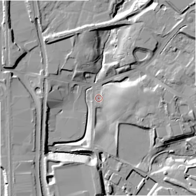Shaded relief map of the ground around M241QP, computed from Environment Agency LiDAR. The ground here sits at about 95 m above sea level and falls 24 m across the surrounding 800 m. Surface water reaching this point runs off ground lying to the south-south-west, 16.2 m higher.