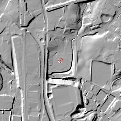 Shaded relief map of the ground around M241QR, computed from Environment Agency LiDAR. The ground here sits at about 94 m above sea level and falls 20 m across the surrounding 800 m. Surface water reaching this point runs off ground lying to the south-west, 10.9 m higher.