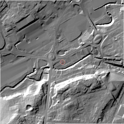 Shaded relief map of the ground around M241QZ, computed from Environment Agency LiDAR. The ground here sits at about 78 m above sea level and falls 29 m across the surrounding 800 m. Surface water reaching this point runs off ground lying to the south-east, 25.6 m higher.
