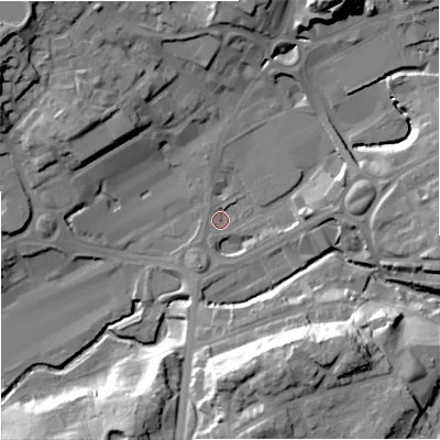 Shaded relief map of the ground around M241SQ, computed from Environment Agency LiDAR. The ground here sits at about 78 m above sea level and falls 29 m across the surrounding 800 m. Surface water reaching this point runs off ground lying to the south-east, 25.8 m higher.