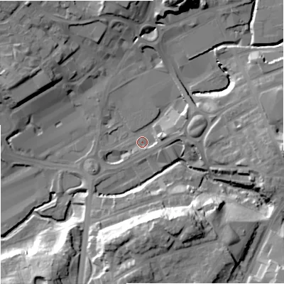 Shaded relief map of the ground around M241UQ, computed from Environment Agency LiDAR. The ground here sits at about 79 m above sea level and falls 29 m across the surrounding 800 m. Surface water reaching this point runs off ground lying to the south-south-east, 25.8 m higher.
