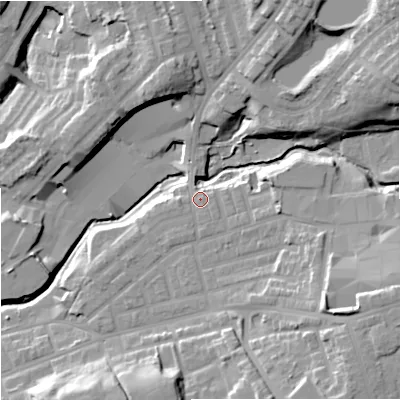 Shaded relief map of the ground around M242HZ, computed from Environment Agency LiDAR. The ground here sits at about 92 m above sea level and falls 26 m across the surrounding 800 m. Surface water reaching this point runs off ground lying to the south, 2.0 m higher.