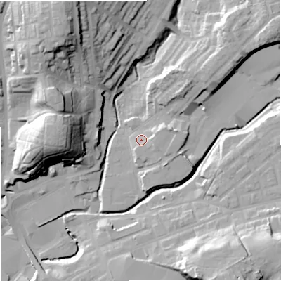 Shaded relief map of the ground around M242LR, computed from Environment Agency LiDAR. The ground here sits at about 86 m above sea level and falls 38 m across the surrounding 800 m. Surface water reaching this point runs off ground lying to the east-north-east, 3.6 m higher.