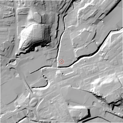 Shaded relief map of the ground around M242UF, computed from Environment Agency LiDAR. The ground here sits at about 84 m above sea level and falls 32 m across the surrounding 800 m. Surface water reaching this point runs off ground lying to the east-north-east, 0.6 m higher.
