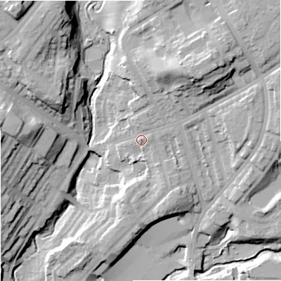 Shaded relief map of the ground around M242WH, computed from Environment Agency LiDAR. The ground here sits at about 96 m above sea level and falls 32 m across the surrounding 800 m. Surface water reaching this point runs off ground lying to the north-east, 18.3 m higher.