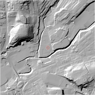 Shaded relief map of the ground around M242YP, computed from Environment Agency LiDAR. The ground here sits at about 84 m above sea level and falls 37 m across the surrounding 800 m. The ground contributing surface water to this point lies to the north-east.