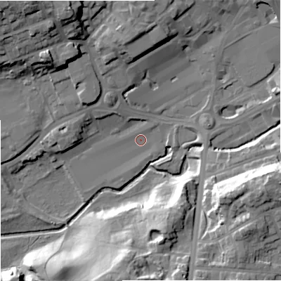 Shaded relief map of the ground around M244DP, computed from Environment Agency LiDAR. The ground here sits at about 76 m above sea level and falls 30 m across the surrounding 800 m. Surface water reaching this point runs off ground lying to the north-north-east, 0.8 m higher.