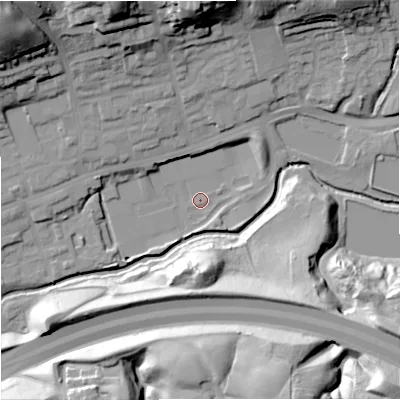 Shaded relief map of the ground around M244NE, computed from Environment Agency LiDAR. The ground here sits at about 69 m above sea level and falls 41 m across the surrounding 800 m. Surface water reaching this point runs off ground lying to the north-west, 39.2 m higher.