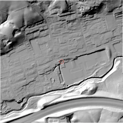Shaded relief map of the ground around M244PN, computed from Environment Agency LiDAR. The ground here sits at about 70 m above sea level and falls 46 m across the surrounding 800 m. Surface water reaching this point runs off ground lying to the north-west, 41.7 m higher.