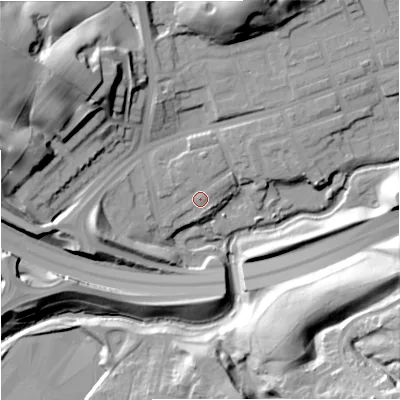 Shaded relief map of the ground around M244RB, computed from Environment Agency LiDAR. The ground here sits at about 71 m above sea level and falls 37 m across the surrounding 800 m. Surface water reaching this point runs off ground lying to the north, 1.1 m higher.