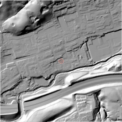 Shaded relief map of the ground around M244RW, computed from Environment Agency LiDAR. The ground here sits at about 70 m above sea level and falls 36 m across the surrounding 800 m. Surface water reaching this point runs off ground lying to the north-north-west, 28.6 m higher.