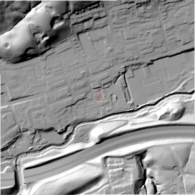 Shaded relief map of the ground around M244RY, computed from Environment Agency LiDAR. The ground here sits at about 70 m above sea level and falls 39 m across the surrounding 800 m. Surface water reaching this point runs off ground lying to the north-north-west, 31.1 m higher.