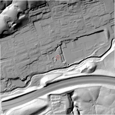 Shaded relief map of the ground around M244TE, computed from Environment Agency LiDAR. The ground here sits at about 70 m above sea level and falls 42 m across the surrounding 800 m. Surface water reaching this point runs off ground lying to the south-west, 2.5 m higher.