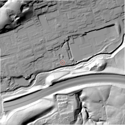 Shaded relief map of the ground around M244TJ, computed from Environment Agency LiDAR. The ground here sits at about 70 m above sea level and falls 44 m across the surrounding 800 m. Surface water reaching this point runs off ground lying to the north, 1.8 m higher.