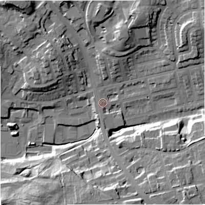 Shaded relief map of the ground around M250LD, computed from Environment Agency LiDAR. The ground here sits at about 68 m above sea level and falls 30 m across the surrounding 800 m. Surface water reaching this point runs off ground lying to the south-west, 2.9 m higher.