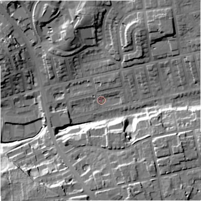 Shaded relief map of the ground around M250LR, computed from Environment Agency LiDAR. The ground here sits at about 65 m above sea level and falls 27 m across the surrounding 800 m. Surface water reaching this point runs off ground lying to the east-south-east, 24.0 m higher.