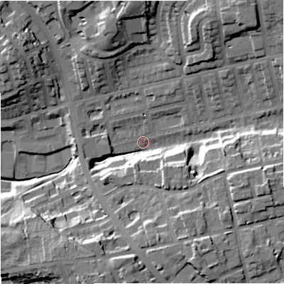 Shaded relief map of the ground around M250LX, computed from Environment Agency LiDAR. The ground here sits at about 65 m above sea level and falls 27 m across the surrounding 800 m. Surface water reaching this point runs off ground lying to the east-south-east, 23.5 m higher.